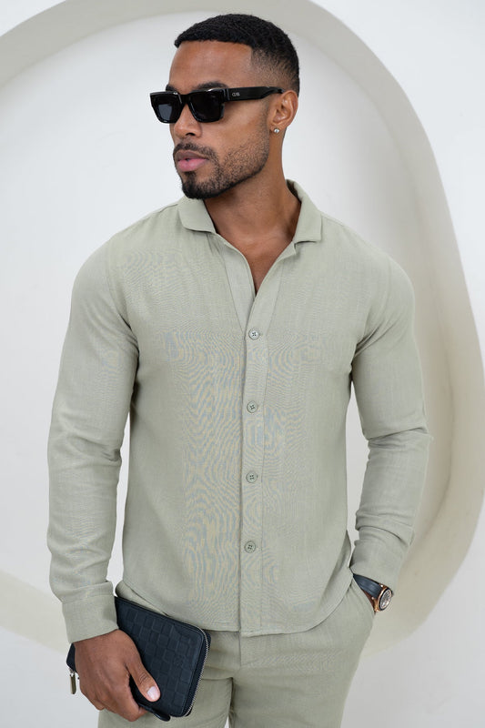 Linen Long Sleeve Resort Shirt - Olive