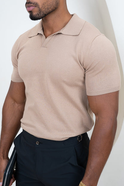 Slim Fit Knitted Open Neck Polo - Taupe
